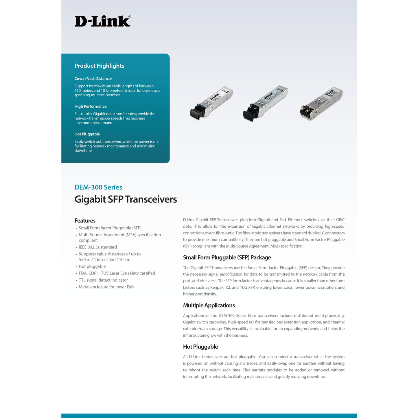 جهاز إرسال واستقبال الألياف الضوئية D-Link DEM-311GT أحادي المنفذ SFP SX MM - يصل مداه إلى 550 مترًا