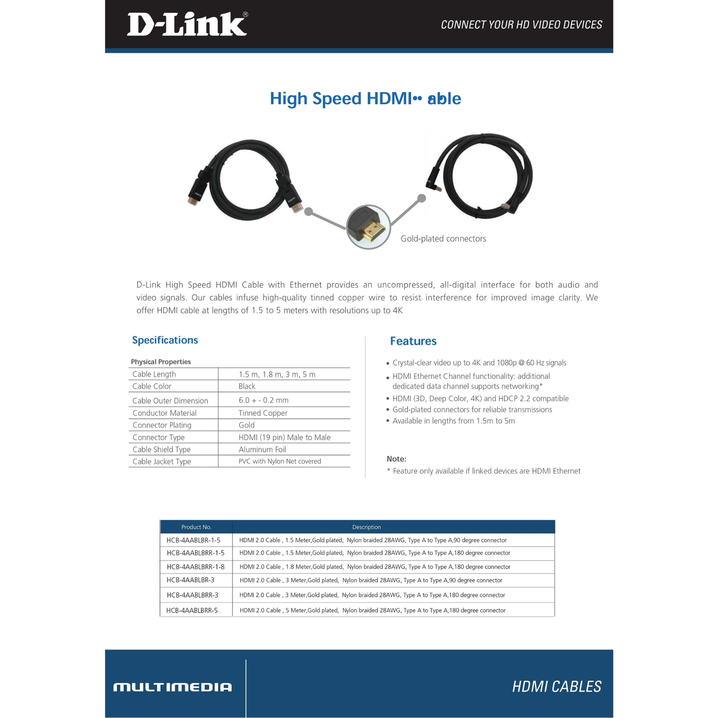 كابل D-Link HCB-4AABLBR-3 HDMI 2.0 بموصل بزاوية 90 درجة - 3 أمتار