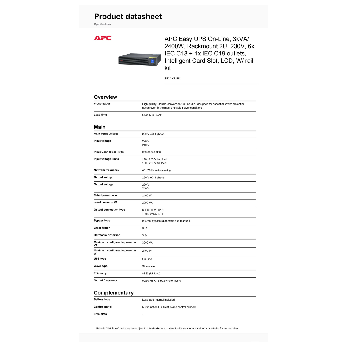 APC SRV3KRIRK Easy UPS On-Line 3kVA/2400W Rackmount 230V