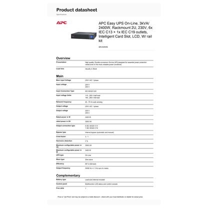 APC SRV3KRIRK Easy UPS On-Line 3kVA/2400W Rackmount 230V