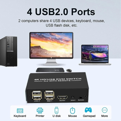 2-Port HDMI USB KVM Switch, 4K Plastic with Built in Cables