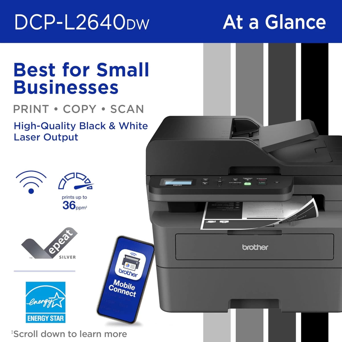 Brother DCP-L2640DW Wireless Mono Laser Multifunction 3- In-One Printer w/ 50-Page Auto Document Feeder - Black