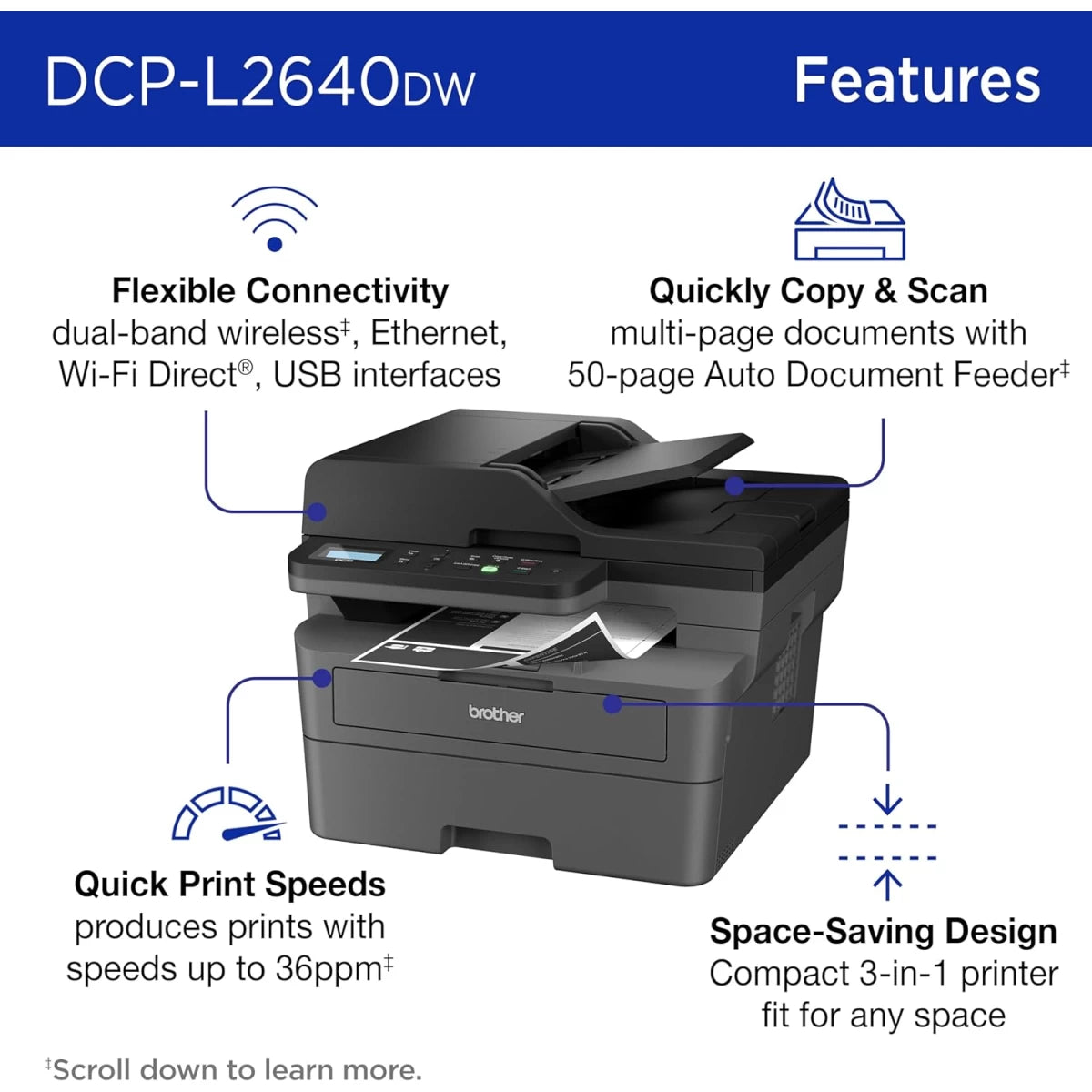 Brother DCP-L2640DW Wireless Mono Laser Multifunction 3- In-One Printer w/ 50-Page Auto Document Feeder - Black