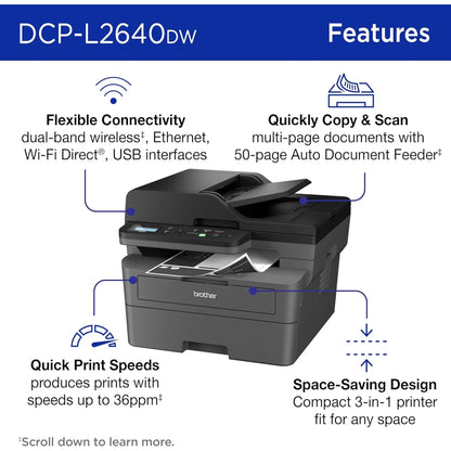 Brother DCP-L2640DW Wireless Mono Laser Multifunction 3- In-One Printer w/ 50-Page Auto Document Feeder - Black