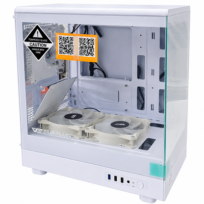darkFlash DB330M White M-ATX PC case side angle showing solid white exterior and transparent front panel in Jordan