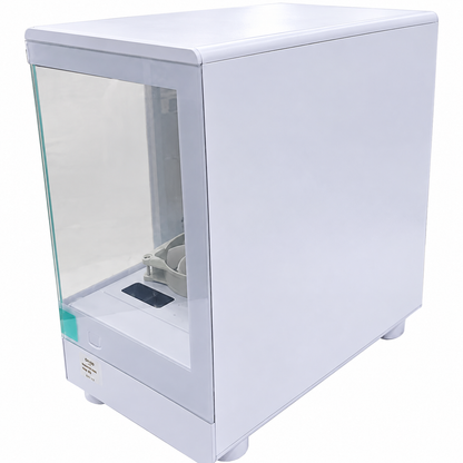 darkFlash DB330M White M-ATX PC case side angle showing solid white exterior and transparent front panel in Jordan
