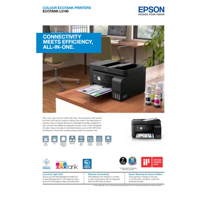 Epson Ecotank L5190 3-In-1 Office Ink Tank Printer A4 Colour Printer w/ ADF Wi-Fi & Color LCD Screen up to 33ppm/15ppm