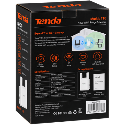 Tenda T10 N300 Wi-Fi Range Extender 300Mbps with Ethernet from Al-Samman Computer Jordan