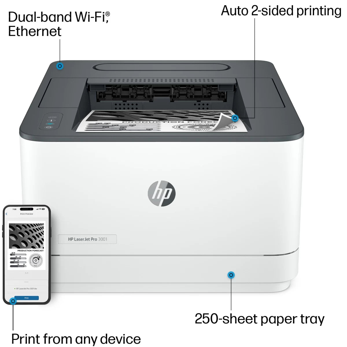 طابعة ليزر أحادية اللون HP LaserJet Pro 3003DW بسرعة 35 صفحة في الدقيقة مع طباعة على الوجهين ومنفذ USB وشبكة Wi-Fi