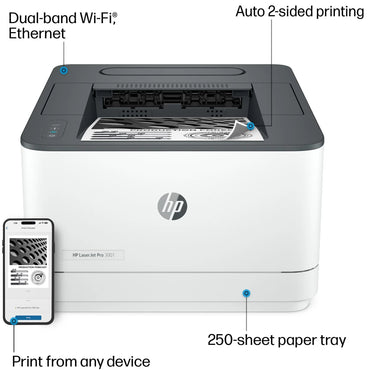 طابعة ليزر أحادية اللون HP LaserJet Pro 3003DW بسرعة 35 صفحة في الدقيقة مع طباعة على الوجهين ومنفذ USB وشبكة Wi-Fi