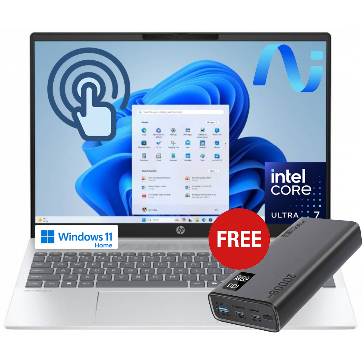 HP OmniBook 5 Laptop AI 16, Intel® Core™ Ultra 7 255U 5.2 GHz, 16 GB LPDDR5x, 512 GB M.2 SSD, 16" 2K Touch Screen, Wi-Fi 6E, Bluetooth 5.3, Windows 11