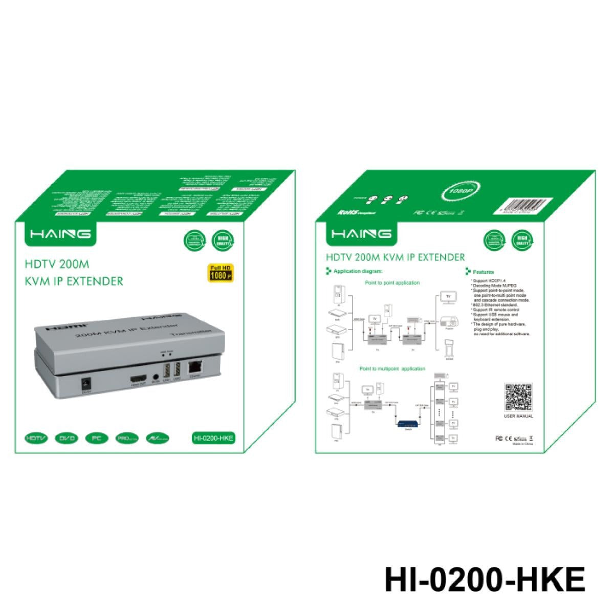 HAING HI-0200-HKE HDMI KVM extender connection ports for HDMI and USB extension