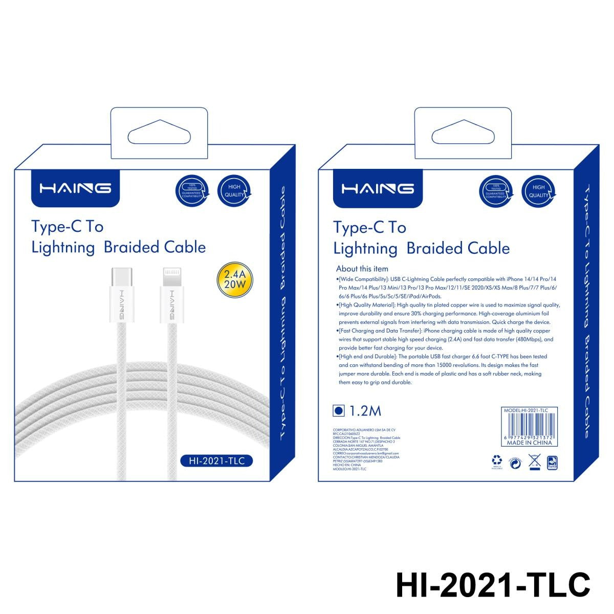 كابل HAING HI-2021-TLC مضفر من النوع C إلى Lightning بطول 1.2 متر وقوة 20 واط