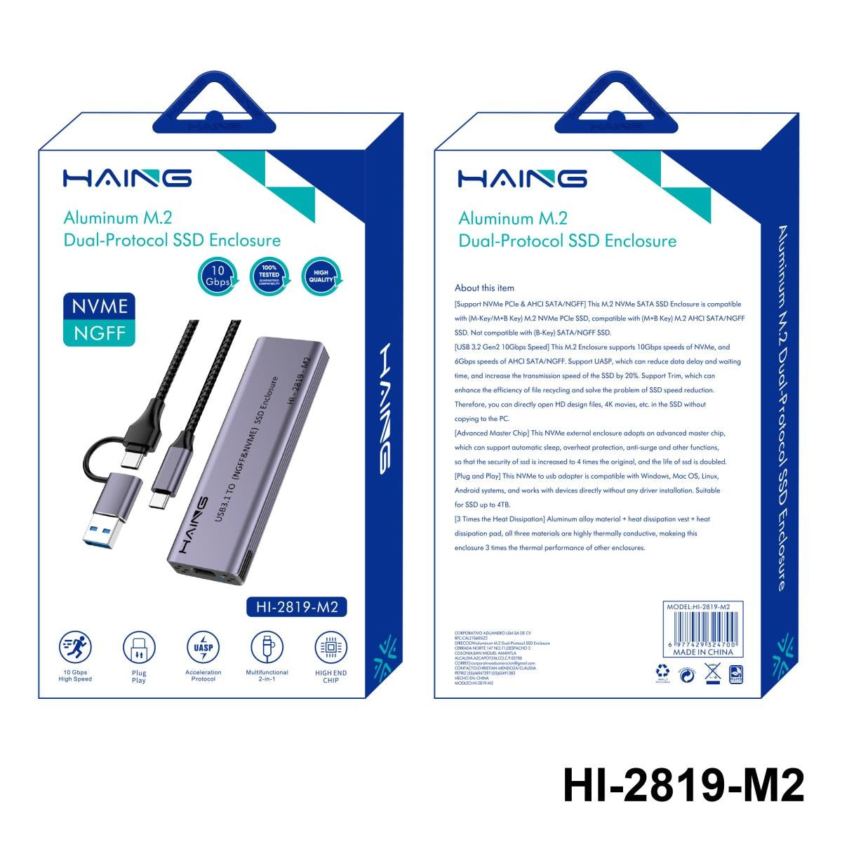 HAING HI-2819-M2 aluminum M.2 NVMe and SATA SSD enclosure USB 3.2 Gen 2 10Gbps up to 4TB at SAMMANPC AlSamman For Computer Jordan