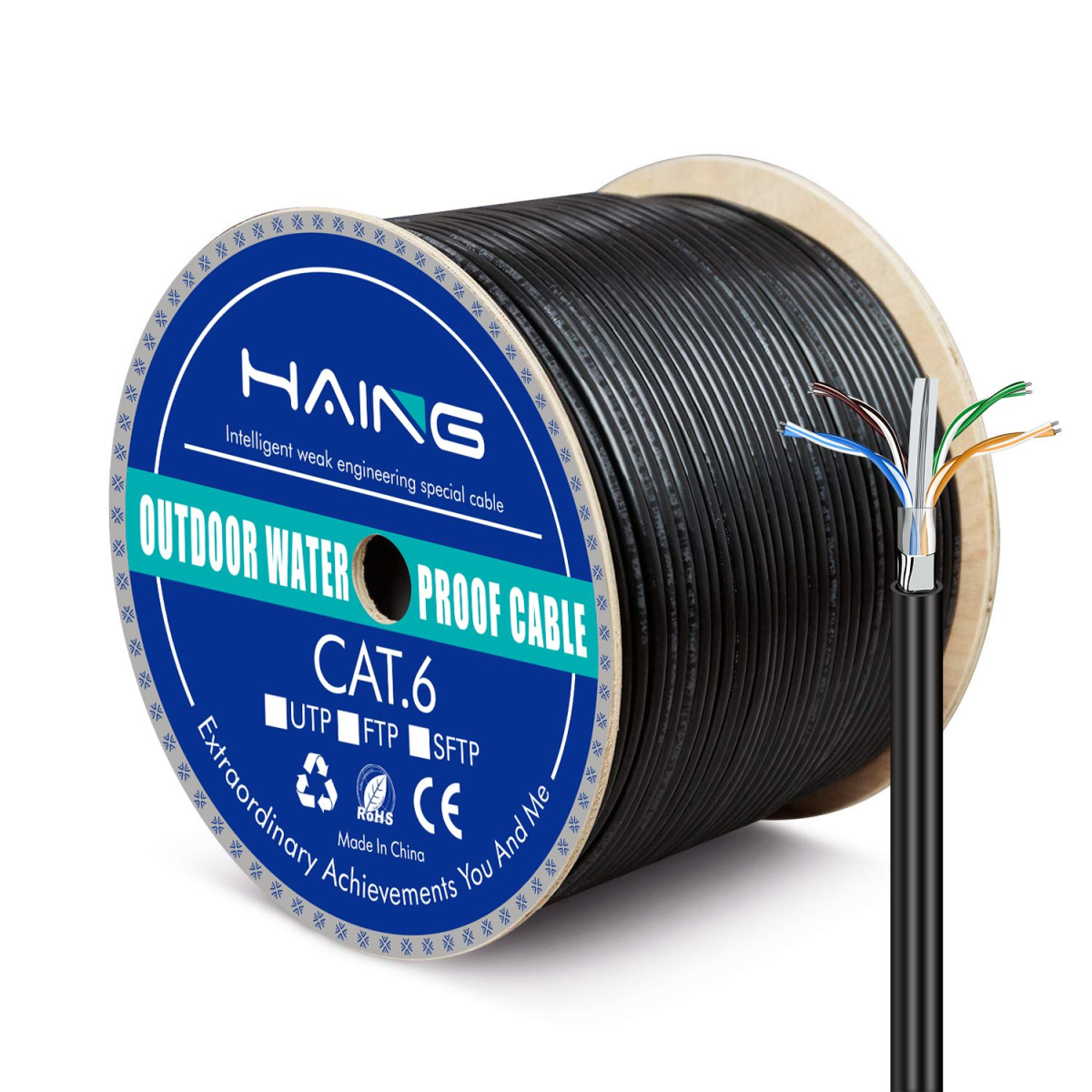HAING outdoor CAT6 black cable reel with twisted-pair cutaway illustration