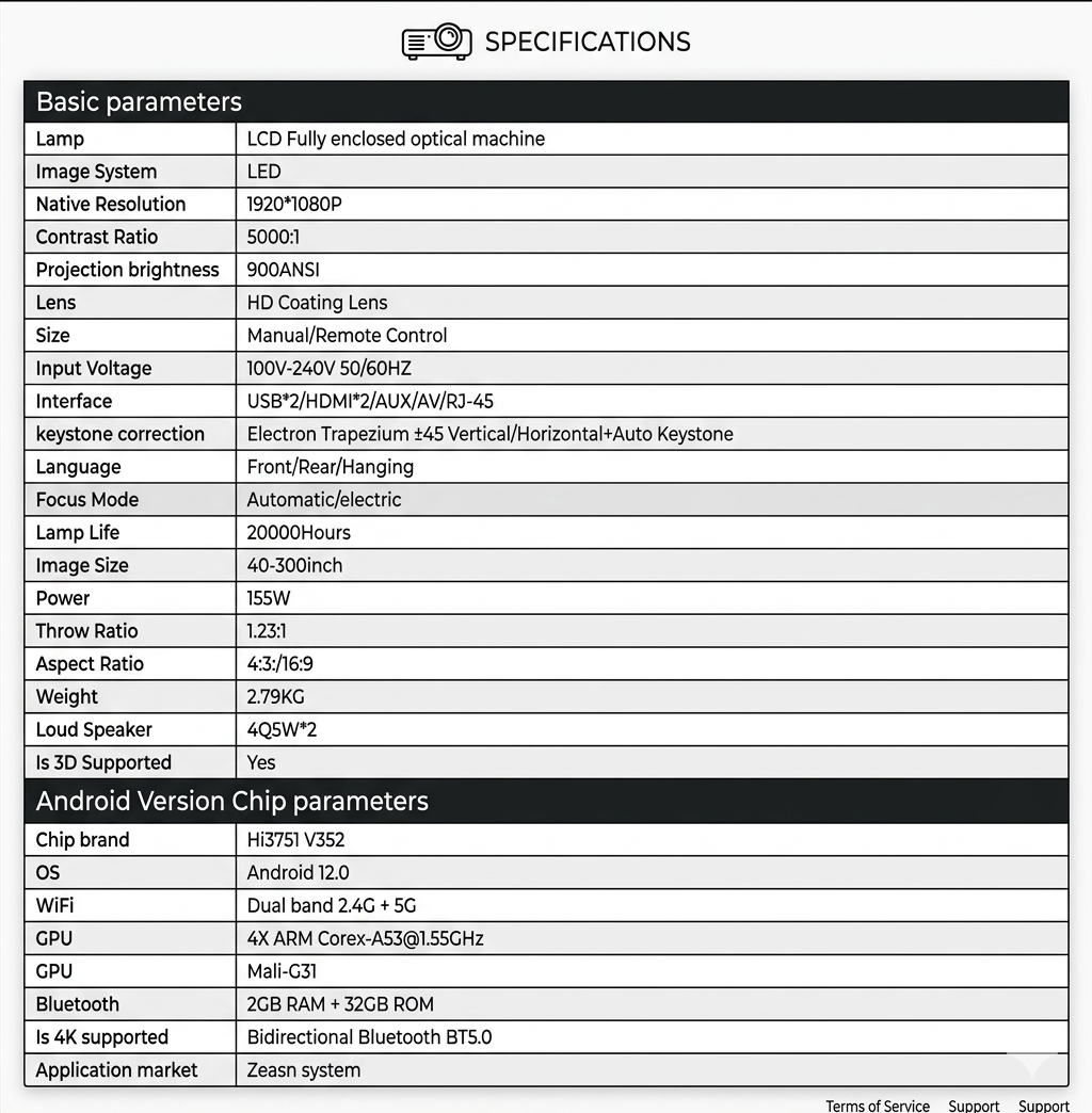 T80 Android LCD projector specifications sheet