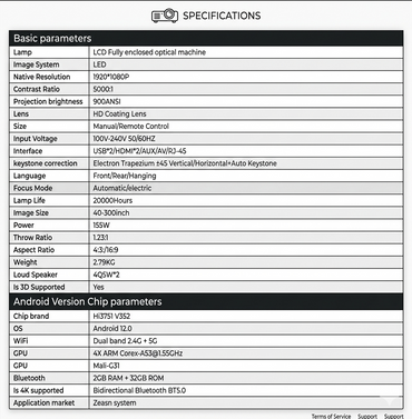 T80 Android LCD projector specifications sheet