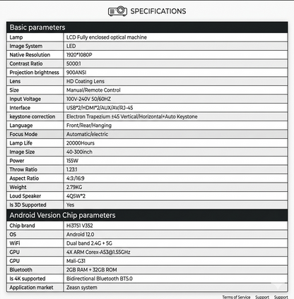 T80 Android LCD projector specifications sheet