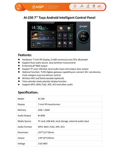 AISP AI-230 7-inch Tuya Android intelligent control panel with IPS touchscreen 8-channel audio and Bluetooth at AlSamman For Computer Jordan