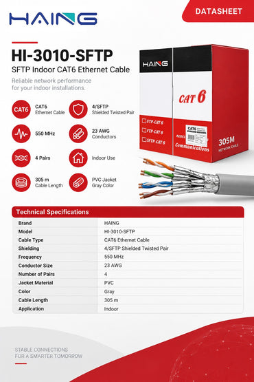 كابل HAING HI-3010-SFTP CAT6 داخلي 305 متر 23AWG - رمادي