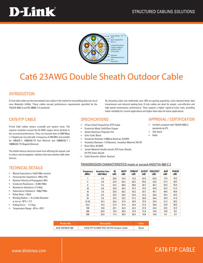 D-Link NCB-C6FOBLR-305 Cat6 FTP 23AWG solid bare copper 305M outdoor network cable with double UV jacket in Jordan Amman and Irbid
