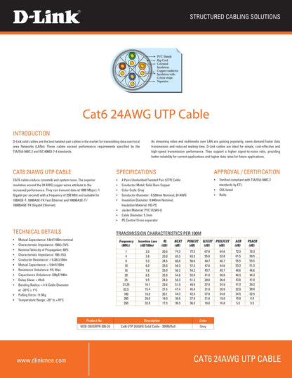 D-Link NCB-C6UGRYR-305-24 Cat6 UTP 24AWG solid bare copper 305M network cable in Jordan Amman and Irbid from SAMMAN.JO and AlSamman For Computer