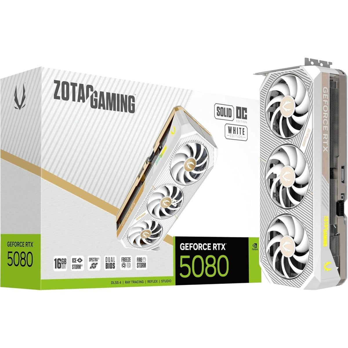 بطاقة رسومات ZOTAC GAMING GeForce RTX 5080 SOLID OC White Edition بسعة 16 جيجابايت GDDR7