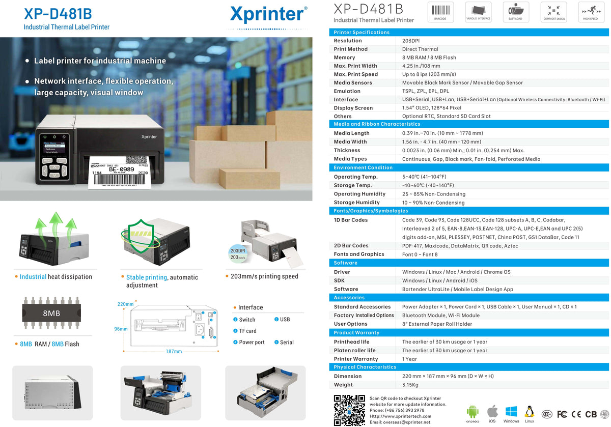 Xprinter XP-D481B 4-inch industrial thermal barcode label printer 203DPI with 203mm per second print speed from Al-Samman Computer Jordan
