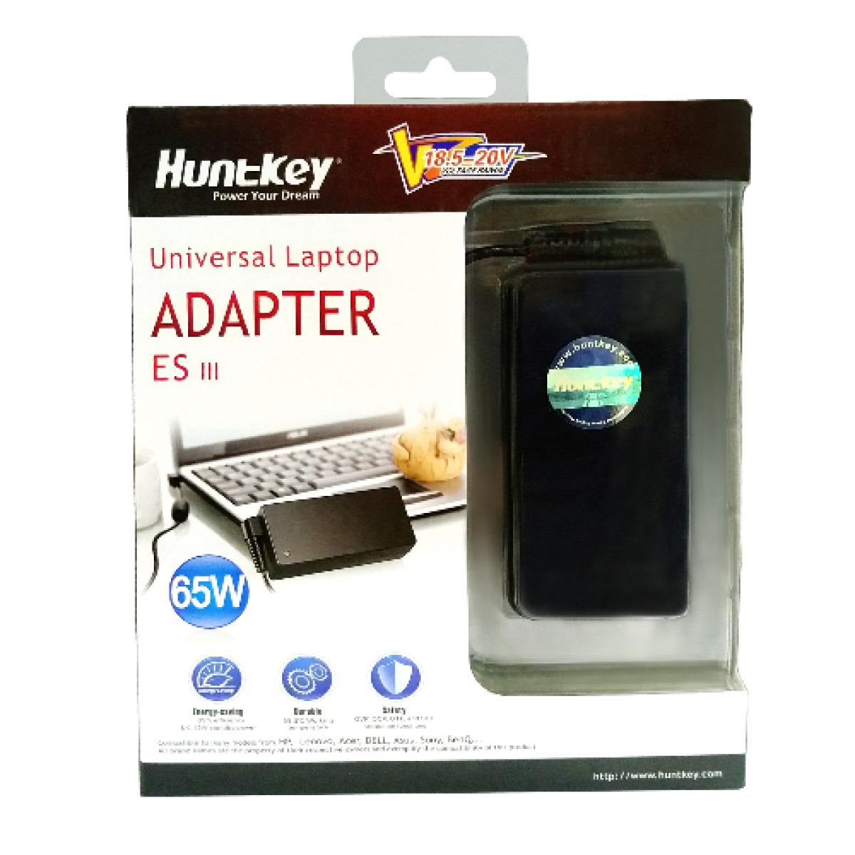 Huntkey 65W ES Ultra Edition Universal Notebook Adapter 19.5V 3.3A with multiple laptop connector options and 2-year warranty in Jordan Amman Irbid at SAMMANPC AlSamman For Computer