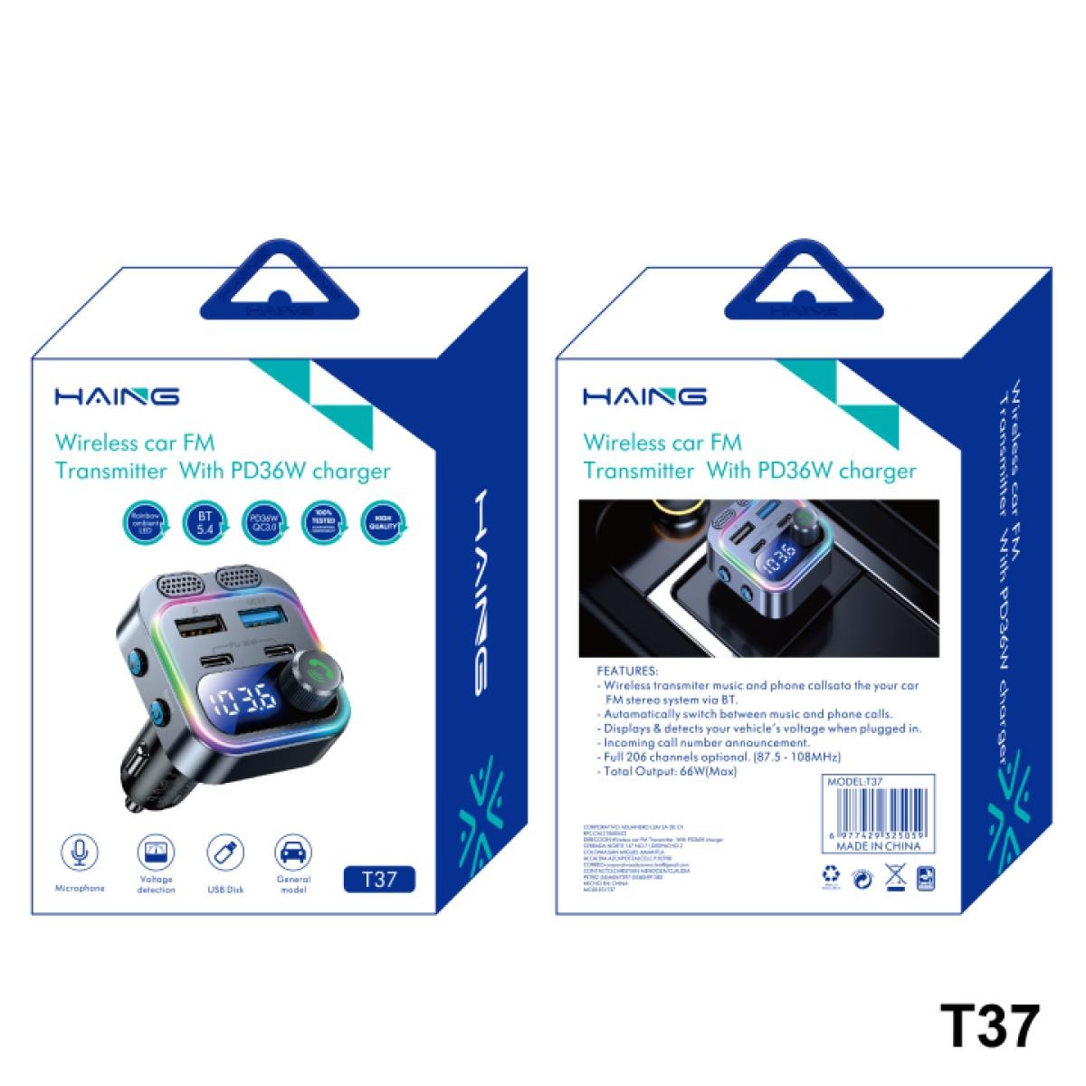 HAING T37 wireless car FM transmitter with PD 36W charger 66W max total output and vehicle voltage display from SAMMAN.JO