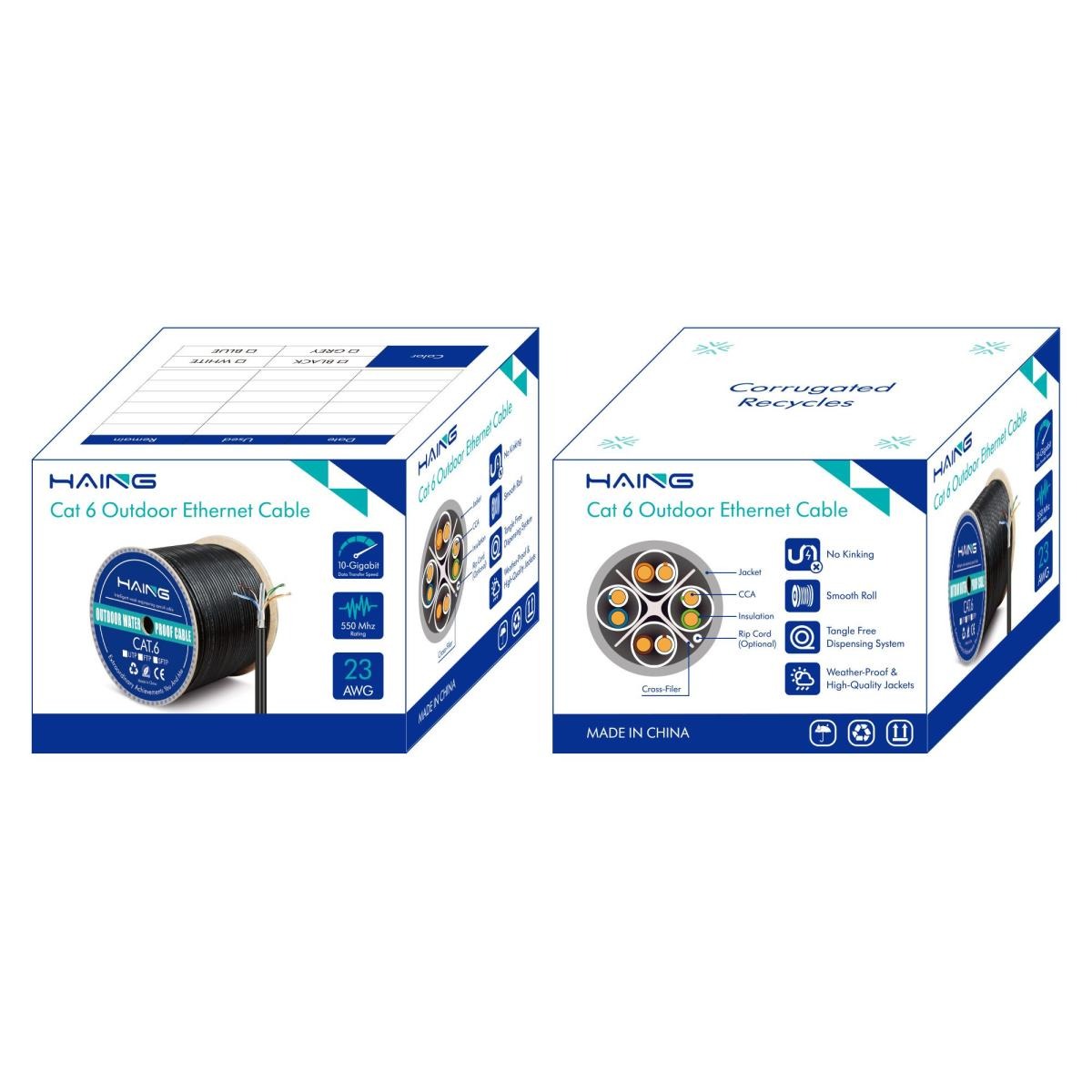 HAING black outdoor CAT6 cable reel with cable construction illustration