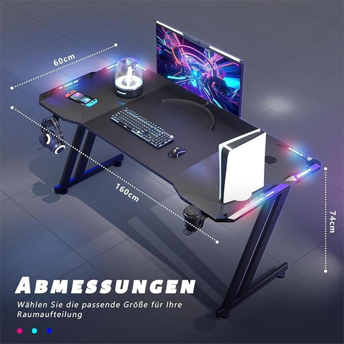 HLONONE 120x60cm LED gaming desk with carbon fiber surface headphone hook and cup holder from Al-Samman Computer in Amman and Irbid Jordan