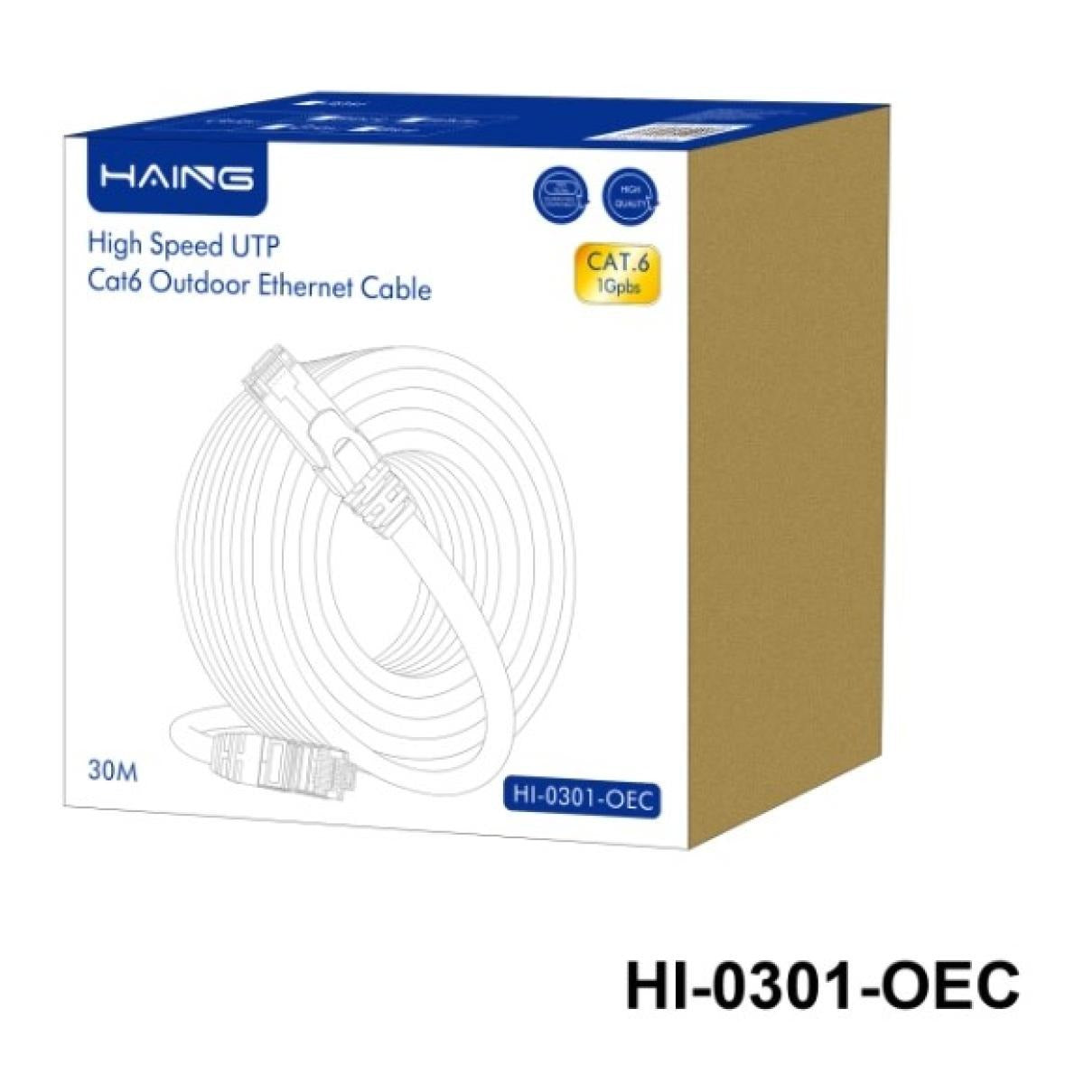 HAING HI-0301-OEC CAT6 outdoor cable packaging marked 30M and 1Gbps