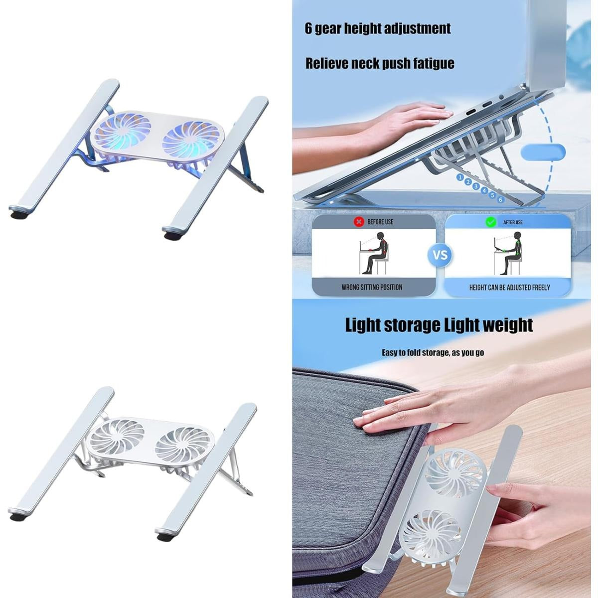 N3 adjustable aluminum laptop stand grey with cooling fan LED lighting and 6 angles in Jordan Amman Irbid from SAMMAN.JO and AlSamman For Computer