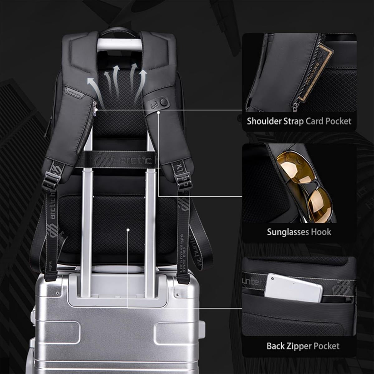 حقيبة كتف مضادة للسرقة من Arctic Hunter مقاس 15.6 بوصة مقاومة للماء مع جيوب متعددة ومنفذ USB مدمج للرجال والنساء، لون أسود