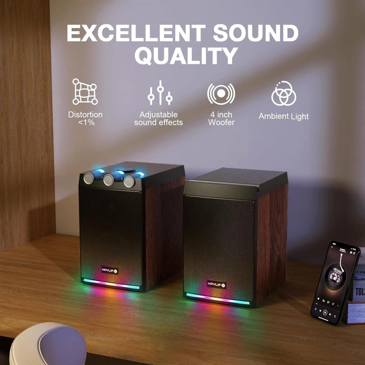 HPYLIFAll.H in One SL-70 Wireless RGB Bookshelf Speakers with Remote 50W
