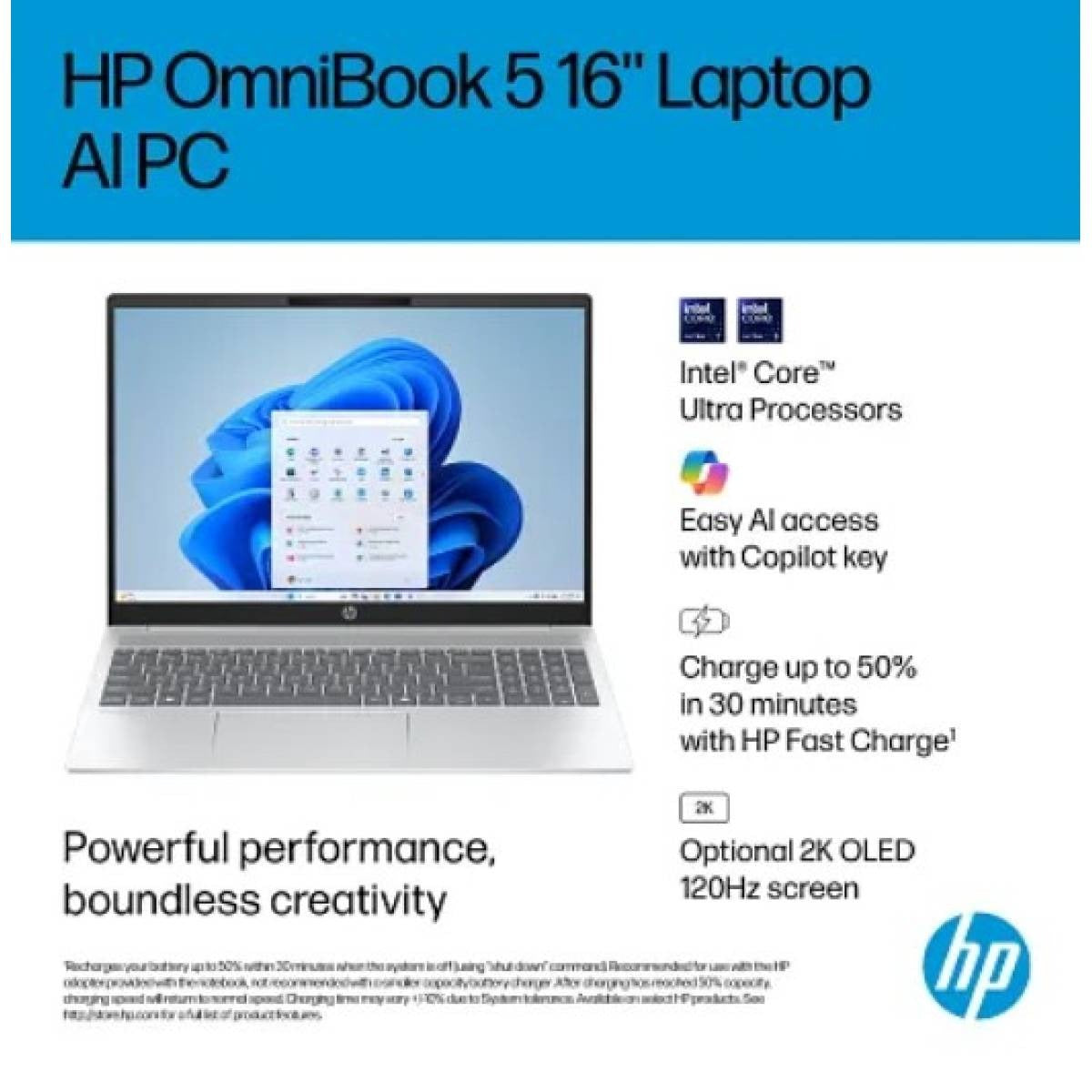 HP OmniBook 5 Laptop AI 16, Intel® Core™ Ultra 7 255U 5.2 GHz, 16 GB LPDDR5x, 512 GB M.2 SSD, 16" 2K Touch Screen, Wi-Fi 6E, Bluetooth 5.3, Windows 11