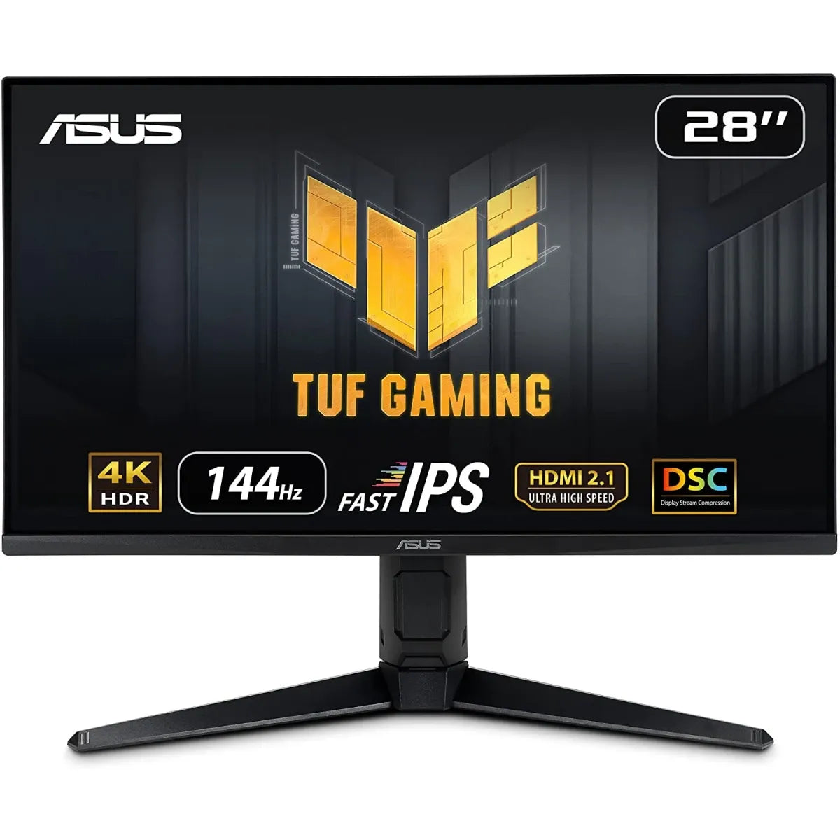 شاشة ASUS TUF مقاس 28 بوصة VG28UQL1A بدقة 4K ومعدل تحديث 144 هرتز، مزودة بمنفذ HDMI 2.1، وتقنية IPS سريعة الاستجابة (1 مللي ثانية)، ومتوافقة مع تقنية G-SYNC، وتدعم حماية العين، وتغطي نطاق ألوان DCI-P3 بنسبة 90%.