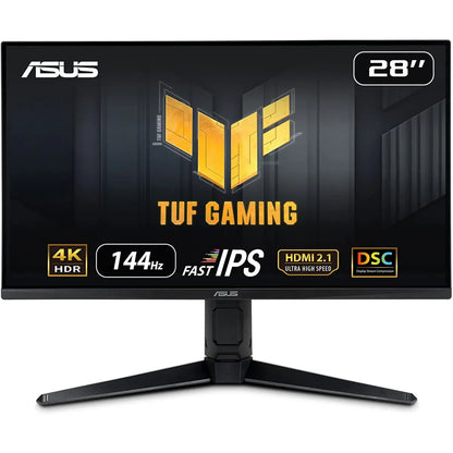 شاشة ASUS TUF مقاس 28 بوصة VG28UQL1A بدقة 4K ومعدل تحديث 144 هرتز، مزودة بمنفذ HDMI 2.1، وتقنية IPS سريعة الاستجابة (1 مللي ثانية)، ومتوافقة مع تقنية G-SYNC، وتدعم حماية العين، وتغطي نطاق ألوان DCI-P3 بنسبة 90%.
