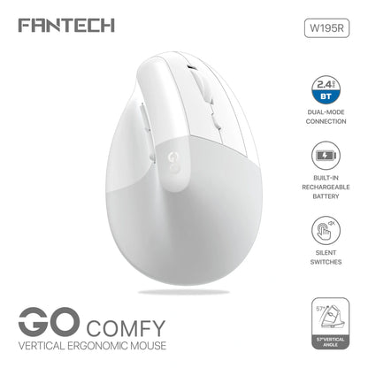 Fantech W195R GO COMFY Vertical Ergonomic Wireless & Bluetooth Mouse – White