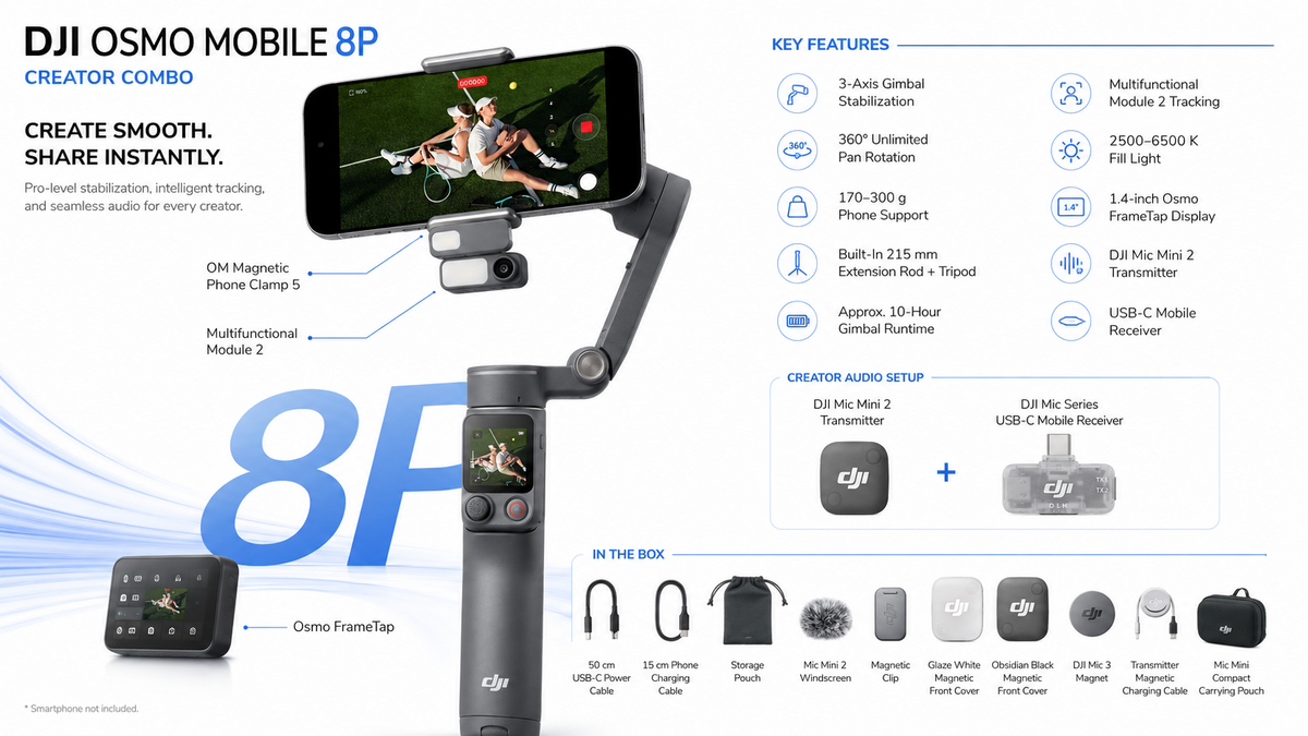 DJI Osmo Mobile 8P Creator Combo 3-axis smartphone gimbal with 360 degree pan, Osmo FrameTap touchscreen and Mic Mini 2 at SAMMANPC Jordan