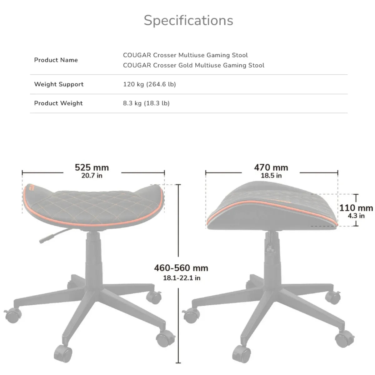 Cougar CROSSER Multi-Use Gaming Stool Scalloped Seat PVC Synthetic Leather Upholstery Adjustable Height Base with 5 Wheels Up to 120 kg Weight Support, Balck-Orange