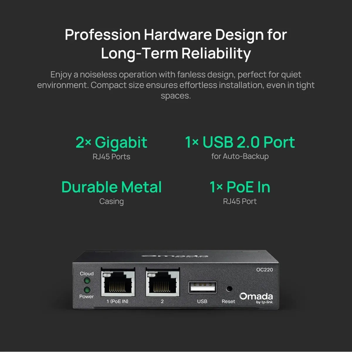 TP-Link Omada OC220 black hardware controller with 802.3af PoE dual Gigabit Ethernet ports free cloud management and USB backup in Jordan