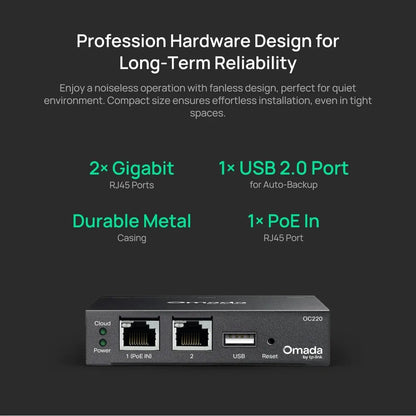 TP-Link Omada OC220 black hardware controller with 802.3af PoE dual Gigabit Ethernet ports free cloud management and USB backup in Jordan