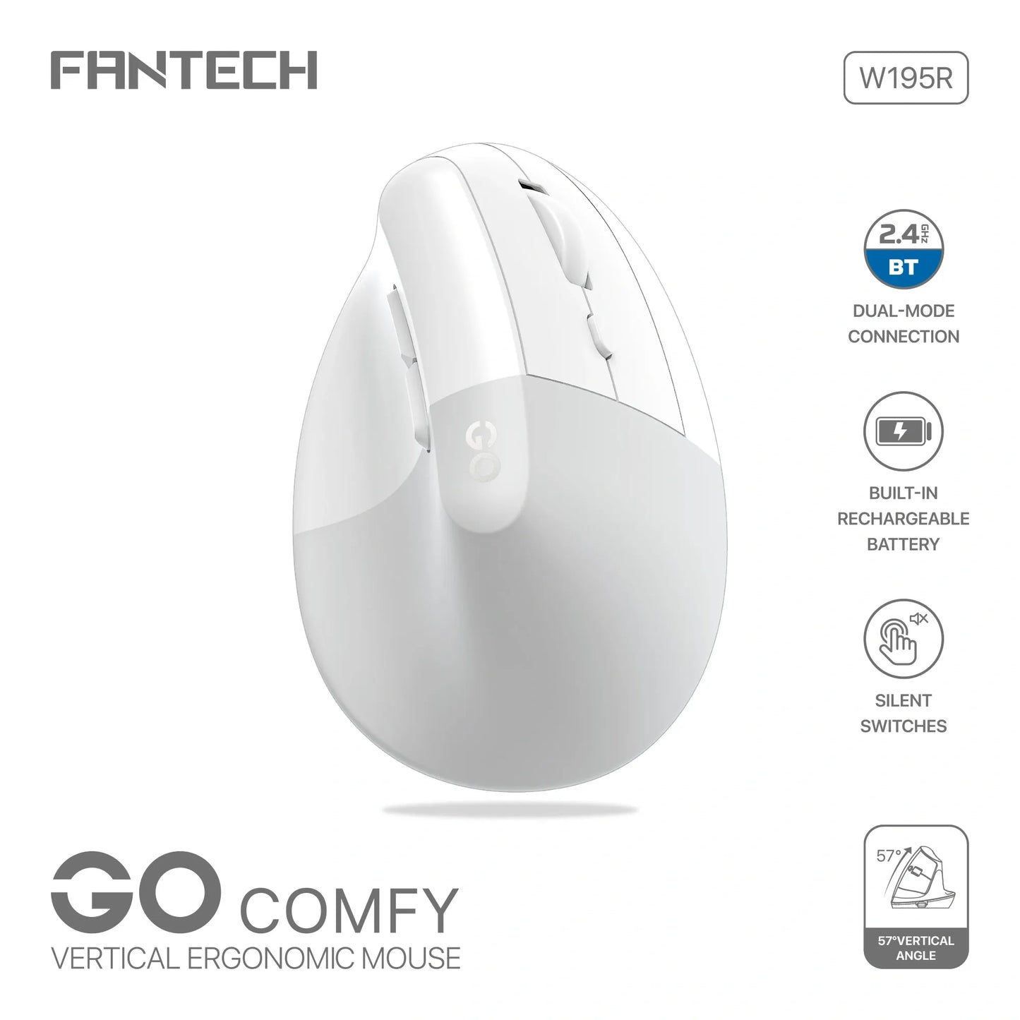 Fantech W195R GO COMFY Vertical Ergonomic Wireless & Bluetooth Mouse – White