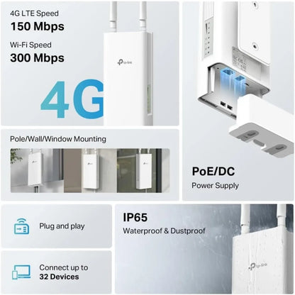 TP-Link TL-MR100 Outdoor 4G LTE 300 Mbps Outdoor WiFi Router, IP65 Weatherproof 4G Router with Sim Slot Unlocked, Pole/Wall/Window Mounting, Connect up to 32 Devices