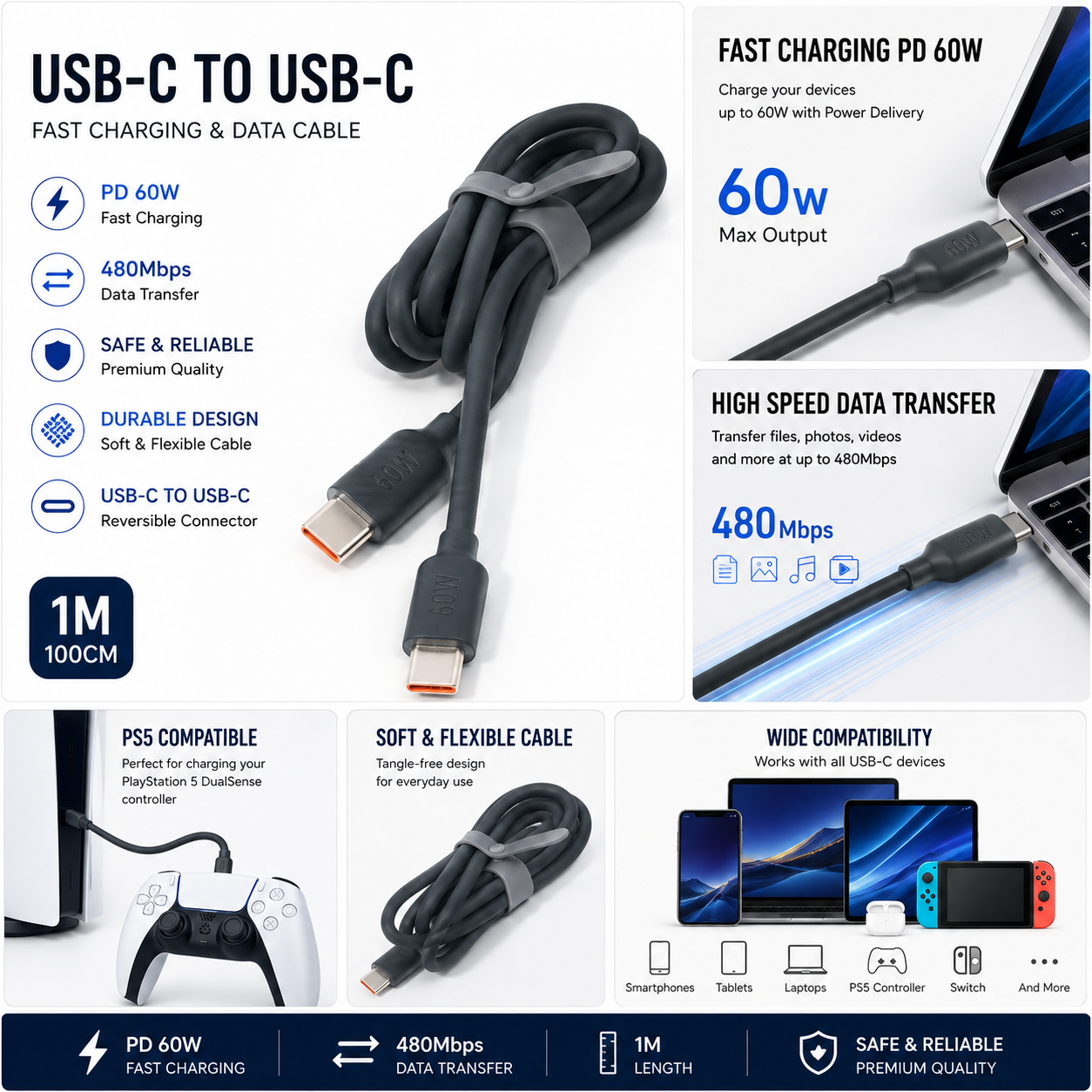 كابل بيانات شحن سريع بي دي بقدرة 60 وات من النوع USB-C إلى النوع USB-C من السمان – 1 متر