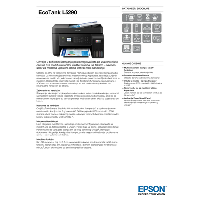 Epson EcoTank L5290 4-in-1 Colour Ink Tank Printer – Print, Scan, Copy, Fax, ADF, Wi-Fi, Wi-Fi Direct, Colour LCD, 5760 × 1440 DPI, Black.