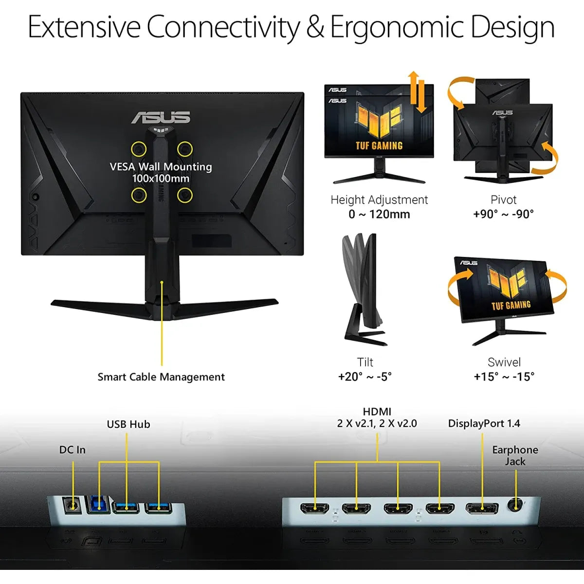 شاشة ASUS TUF مقاس 28 بوصة VG28UQL1A بدقة 4K ومعدل تحديث 144 هرتز، مزودة بمنفذ HDMI 2.1، وتقنية IPS سريعة الاستجابة (1 مللي ثانية)، ومتوافقة مع تقنية G-SYNC، وتدعم حماية العين، وتغطي نطاق ألوان DCI-P3 بنسبة 90%.