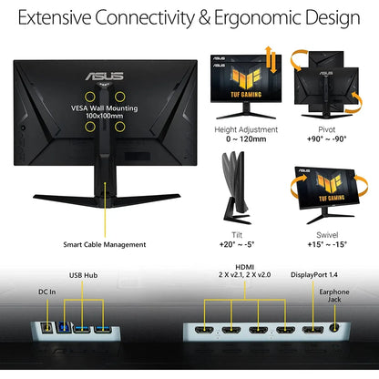 شاشة ASUS TUF مقاس 28 بوصة VG28UQL1A بدقة 4K ومعدل تحديث 144 هرتز، مزودة بمنفذ HDMI 2.1، وتقنية IPS سريعة الاستجابة (1 مللي ثانية)، ومتوافقة مع تقنية G-SYNC، وتدعم حماية العين، وتغطي نطاق ألوان DCI-P3 بنسبة 90%.